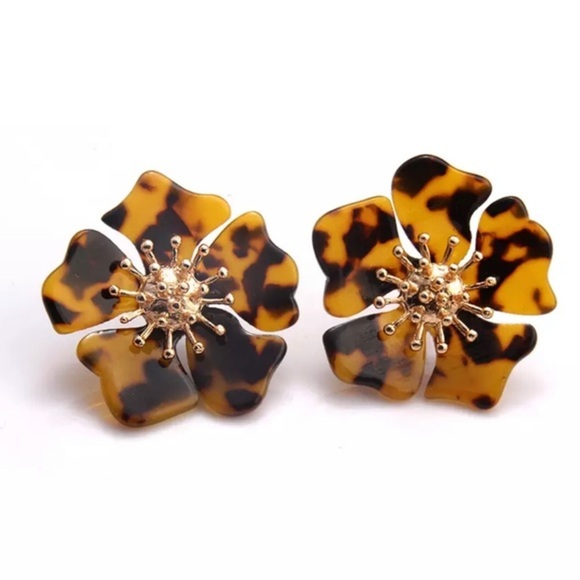 NWT Tortoiseshell + Gold Flower Earrings - Picture 2 of 3
